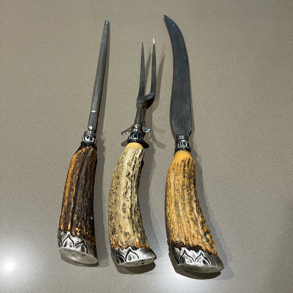 Antique Sterling Silver 3pc Antler Handle Carving Set